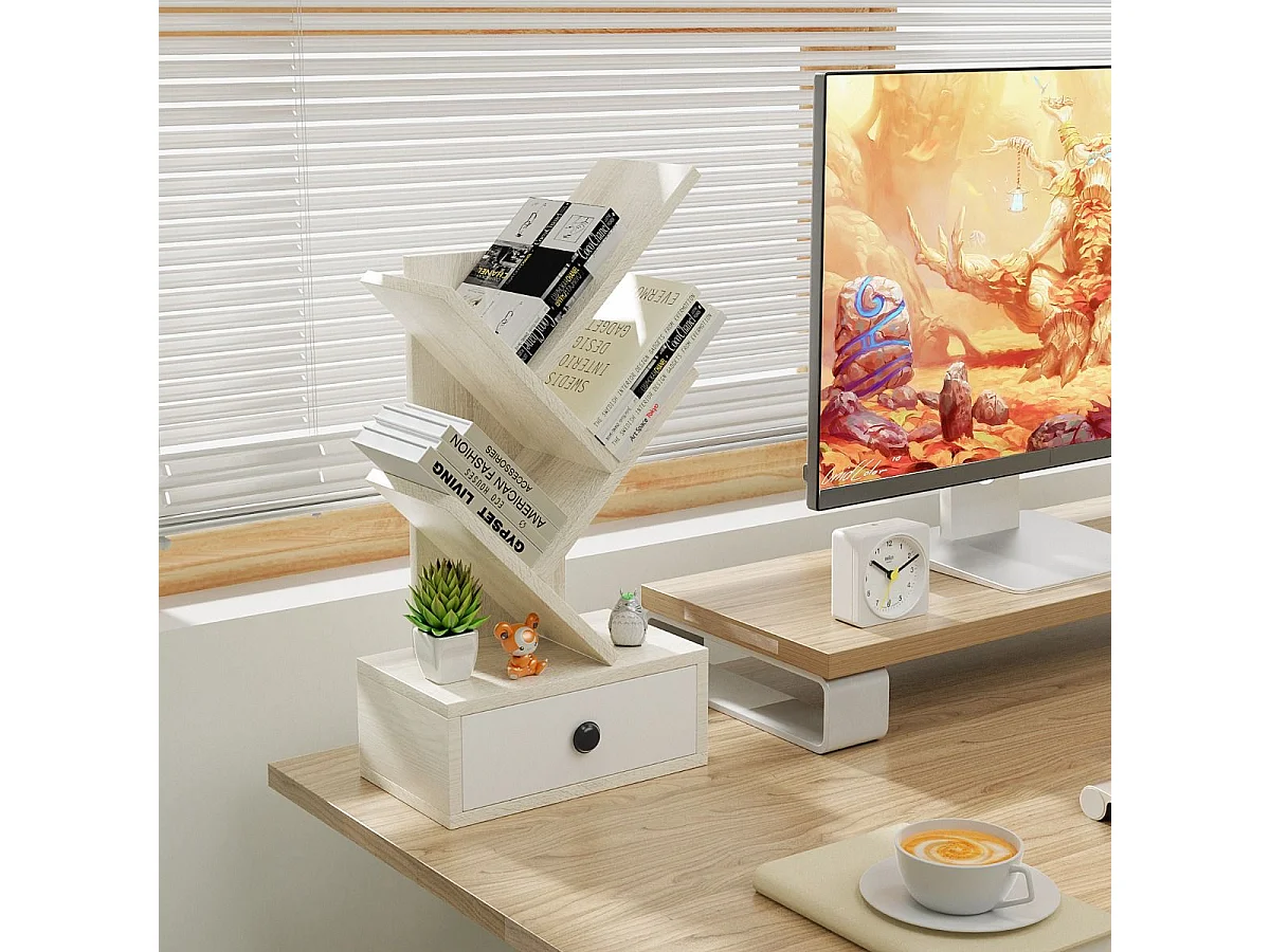 Libreria ad albero a 5 ripiani per scrivania, Libreria piccola con cassetto per CD riviste da esposizione Beige