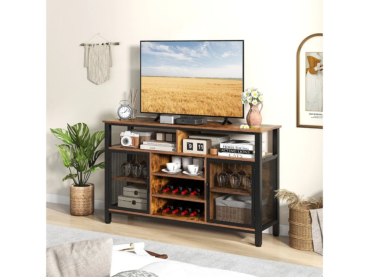 Sideboard mit 2 Metallgittertüren & Offenen Fächern & Weinregalen & Weinglashaltern Braun