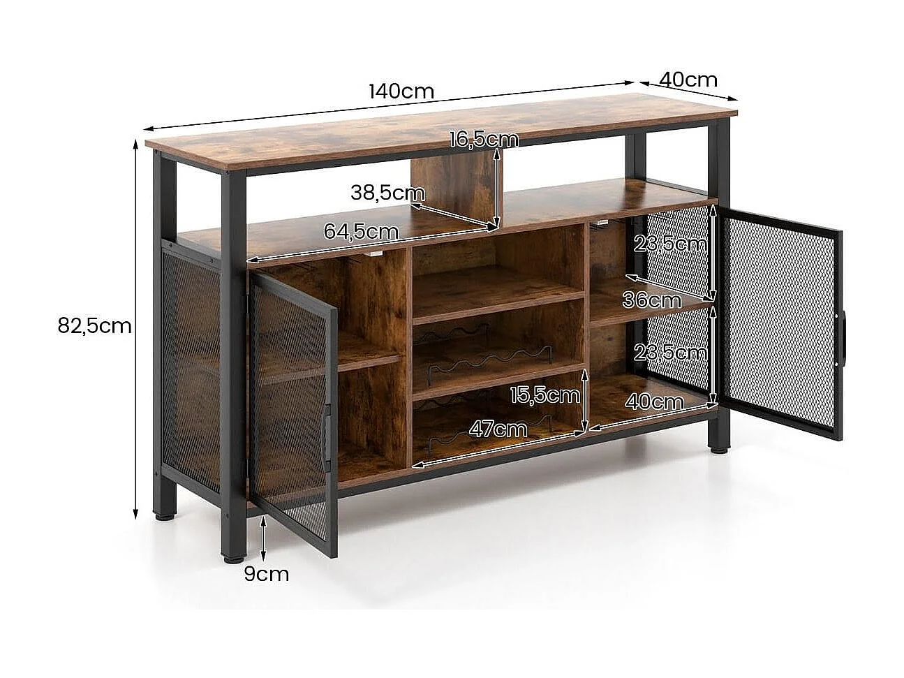 Sideboard mit 2 Metallgittertüren & Offenen Fächern & Weinregalen & Weinglashaltern Braun