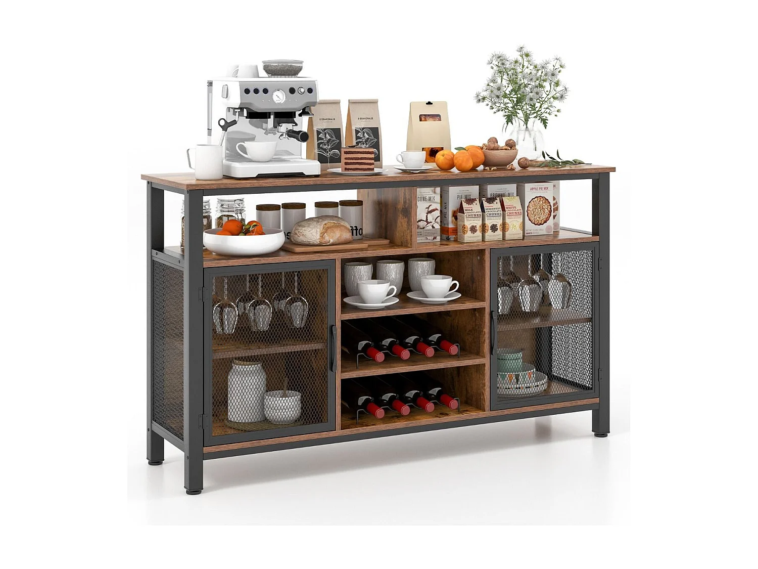 Sideboard mit 2 Metallgittertüren & Offenen Fächern & Weinregalen & Weinglashaltern Braun