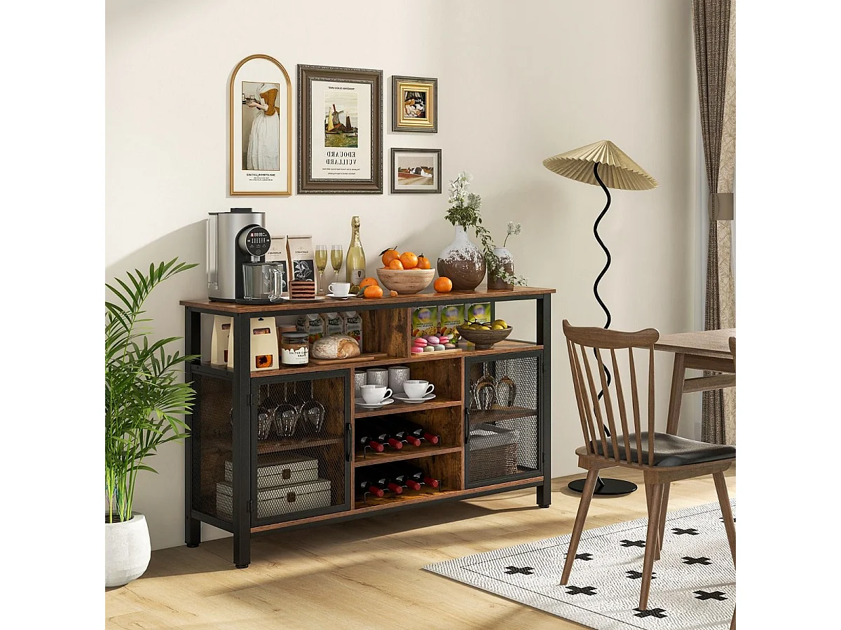 Sideboard mit 2 Metallgittertüren & Offenen Fächern & Weinregalen & Weinglashaltern Braun