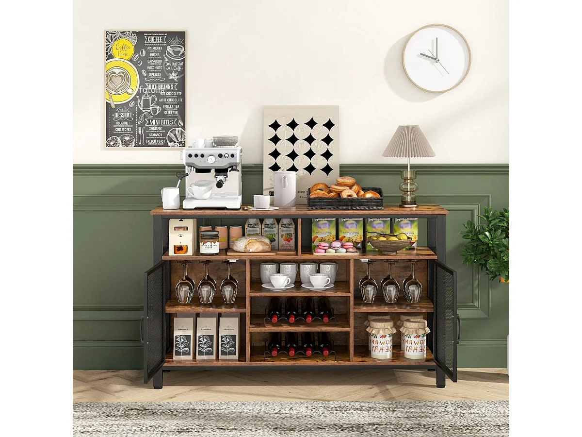 Sideboard mit 2 Metallgittertüren & Offenen Fächern & Weinregalen & Weinglashaltern Braun