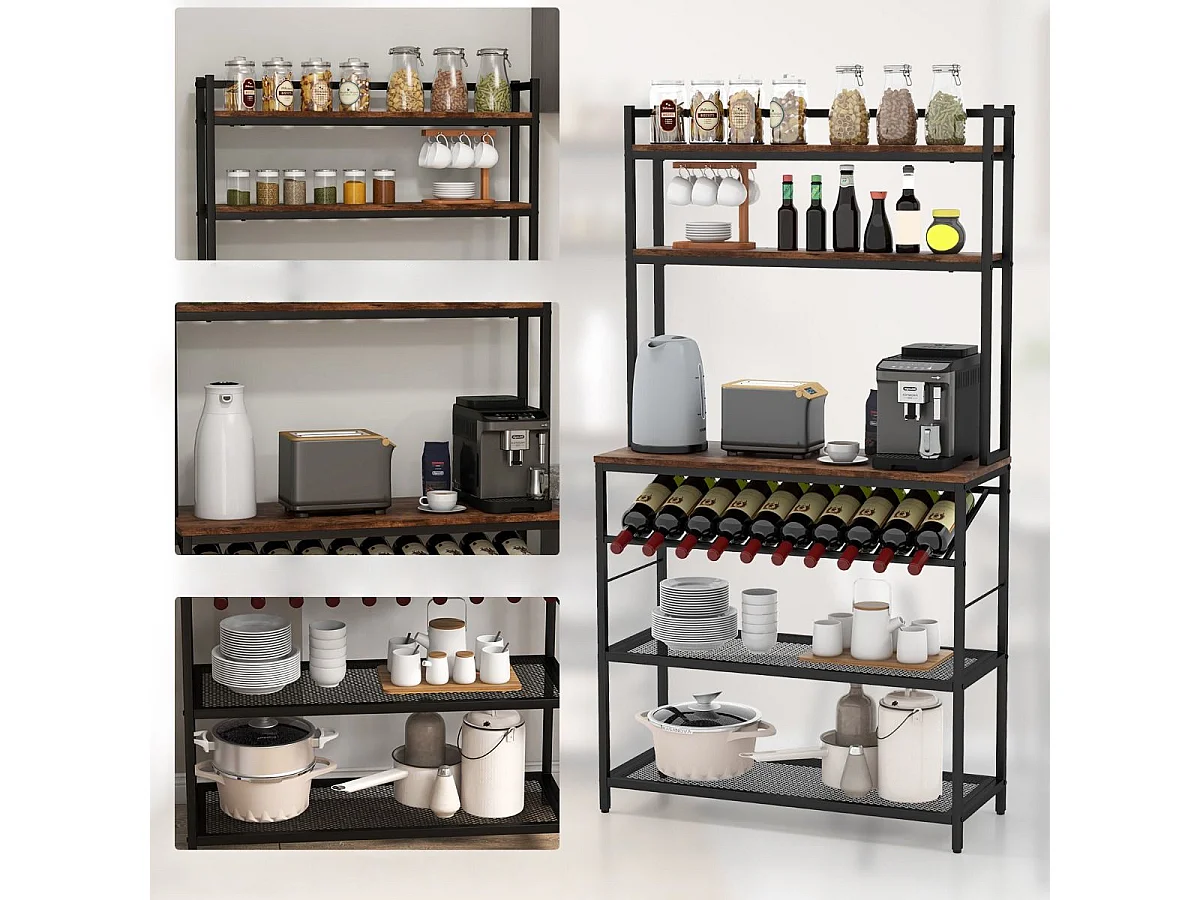Küchenregal mit Weinhalter bis 10 Flaschen & Arbeitsplatte & 5 Ablagen Bäckerregal Braun