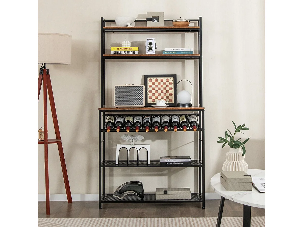 Küchenregal mit Weinhalter bis 10 Flaschen & Arbeitsplatte & 5 Ablagen Bäckerregal Braun