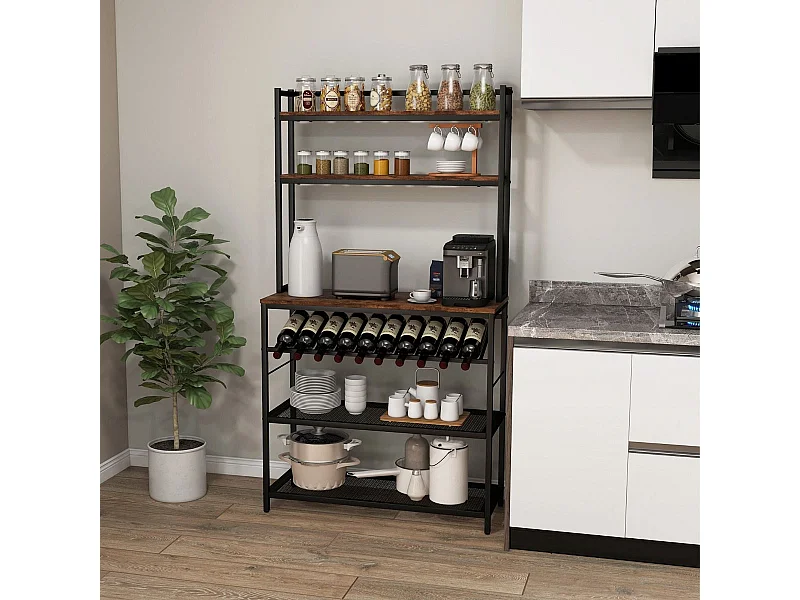 Küchenregal mit Weinhalter bis 10 Flaschen & Arbeitsplatte & 5 Ablagen Bäckerregal Braun