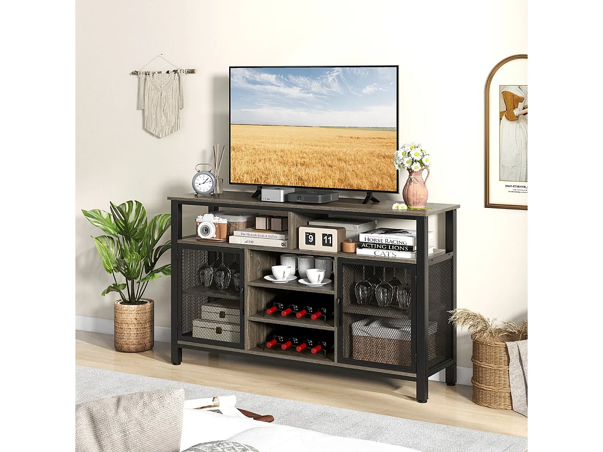 Sideboard mit 2 Metallgittertüren & Offenen Fächern & Weinregalen & Weinglashaltern Grau