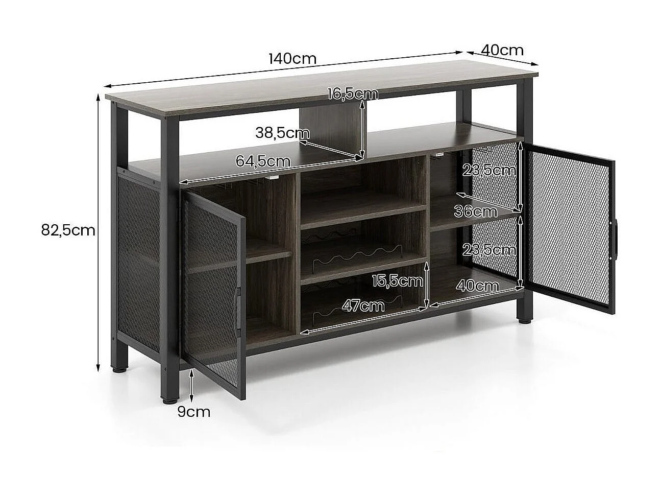 Sideboard mit 2 Metallgittertüren & Offenen Fächern & Weinregalen & Weinglashaltern Grau