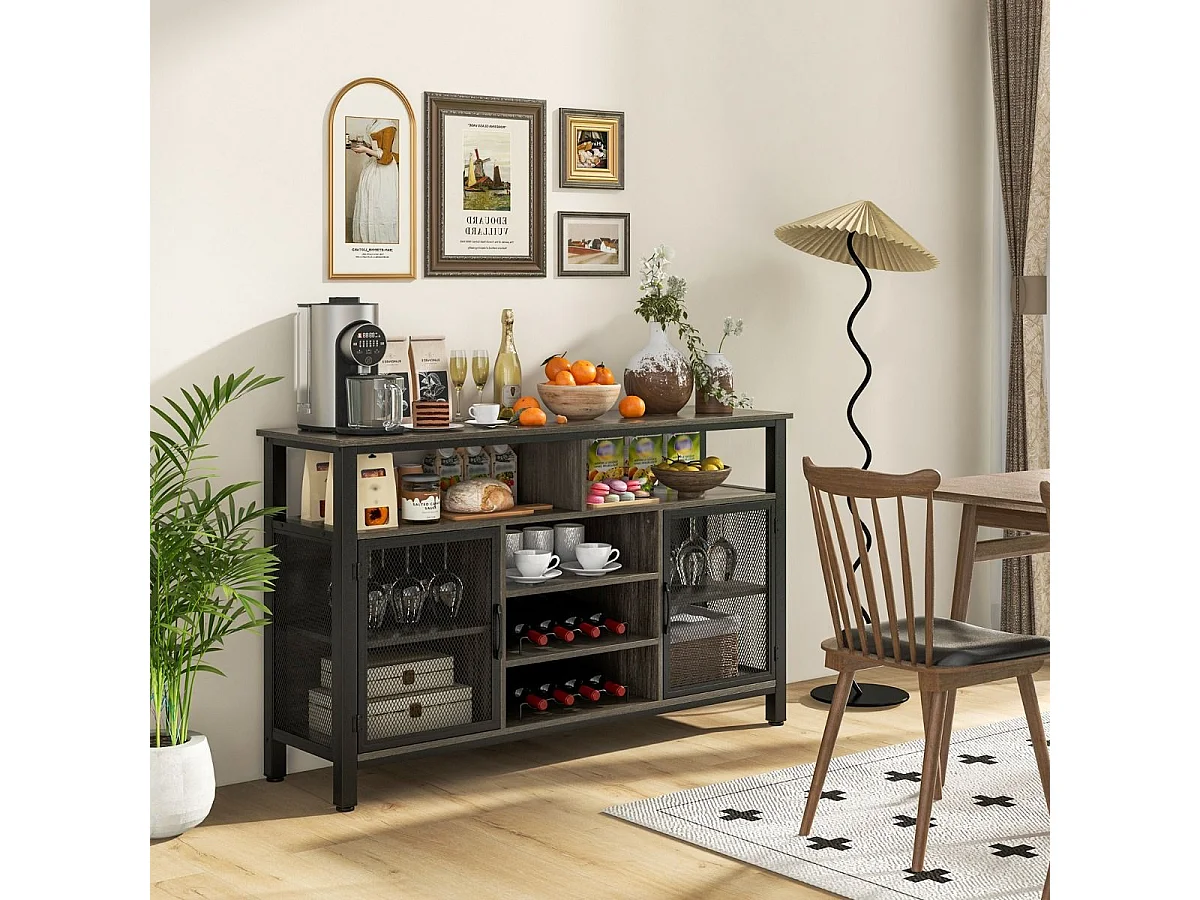 Sideboard mit 2 Metallgittertüren & Offenen Fächern & Weinregalen & Weinglashaltern Grau