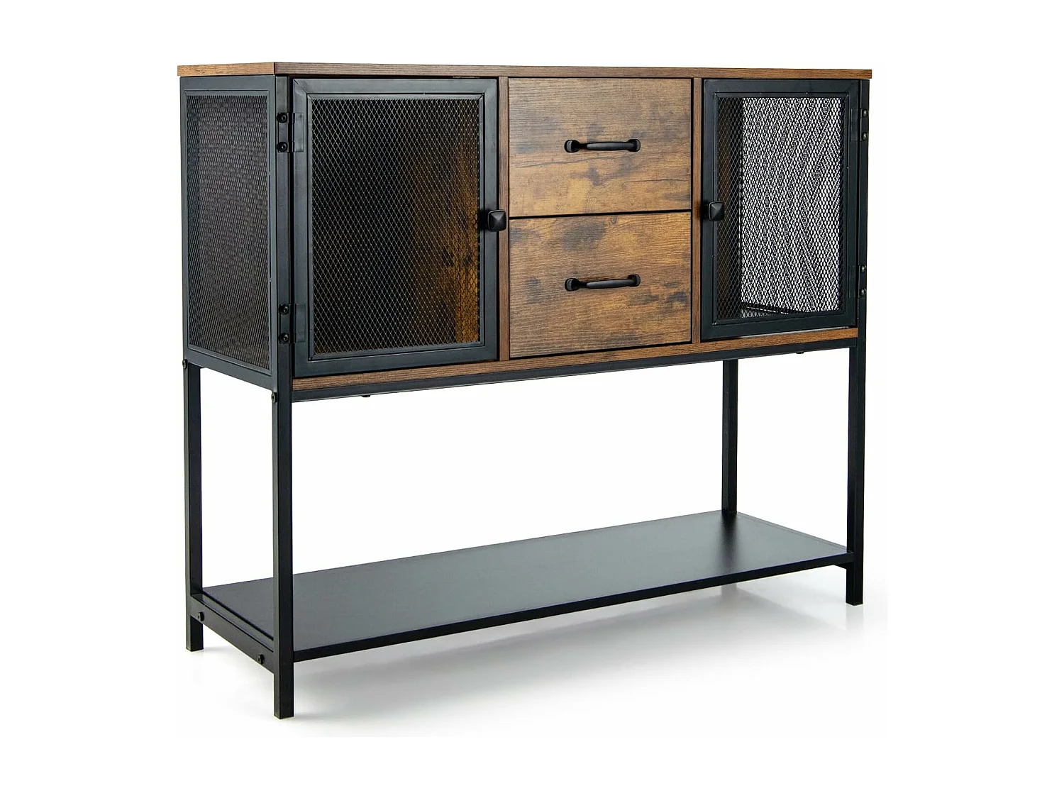 Industrielles Sideboard Akzent-Konsolentisch mit 2 Gitterschränken 2 ausziehbaren Schubladen & unterem Regal Aufbewahrungsschrank Multifunktional VH32589