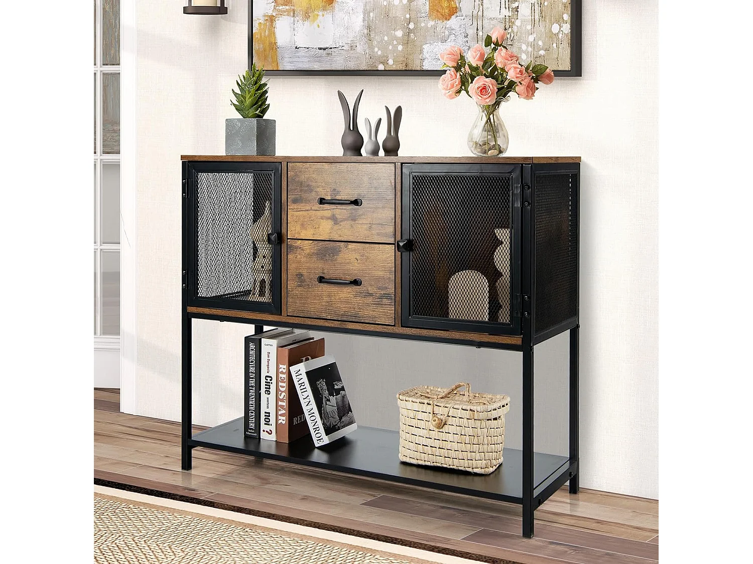 Industrielles Sideboard Akzent-Konsolentisch mit 2 Gitterschränken 2 ausziehbaren Schubladen & unterem Regal Aufbewahrungsschrank Multifunktional VH32589
