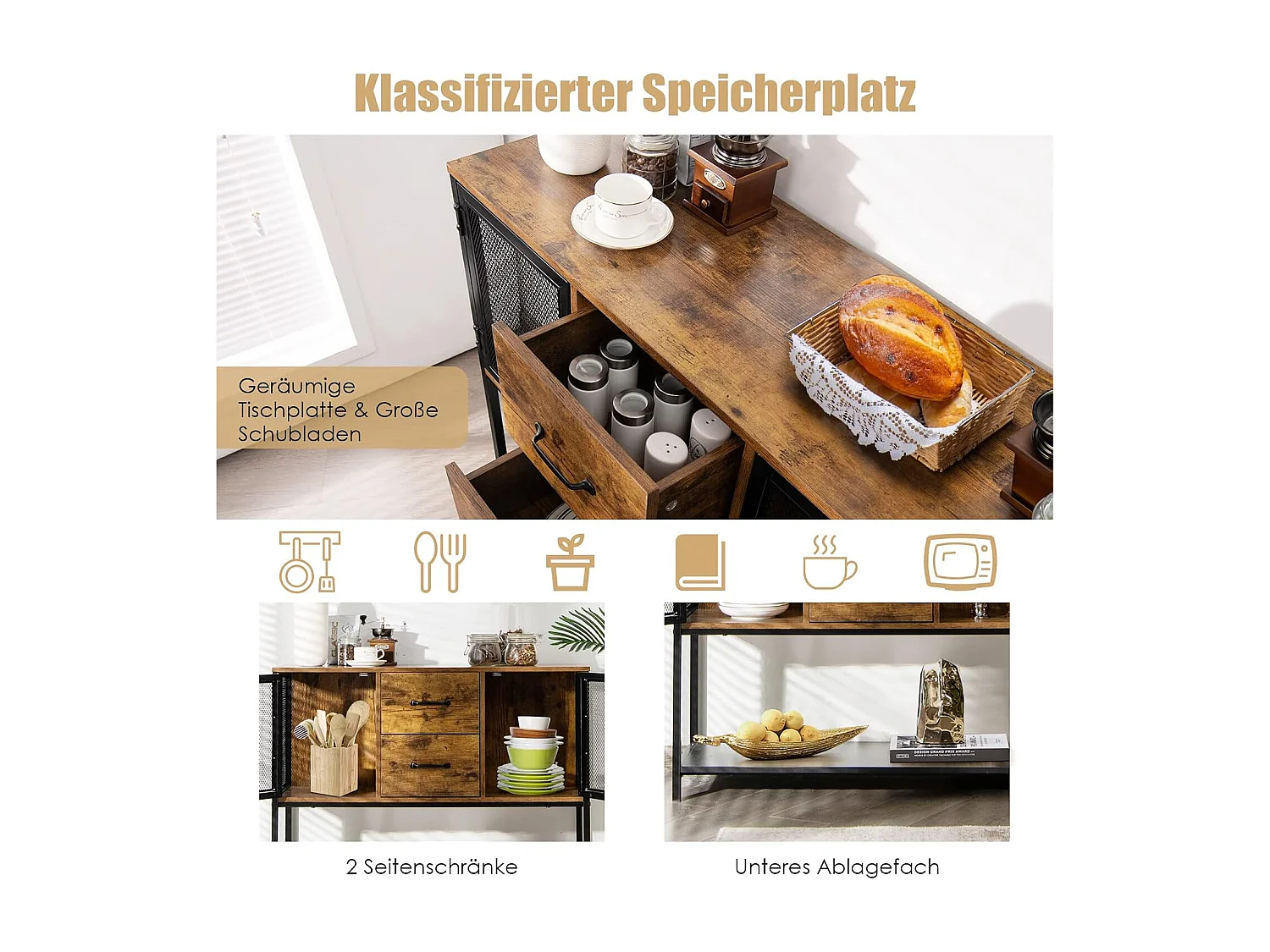 Industrielles Sideboard Akzent-Konsolentisch mit 2 Gitterschränken 2 ausziehbaren Schubladen & unterem Regal Aufbewahrungsschrank Multifunktional VH32589