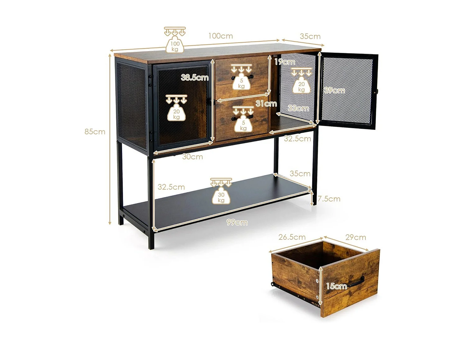 Industrielles Multifunktionales Sideboard mit 2 Gitterschränken und 2 Schubladen 100 x 35 x 85 cm