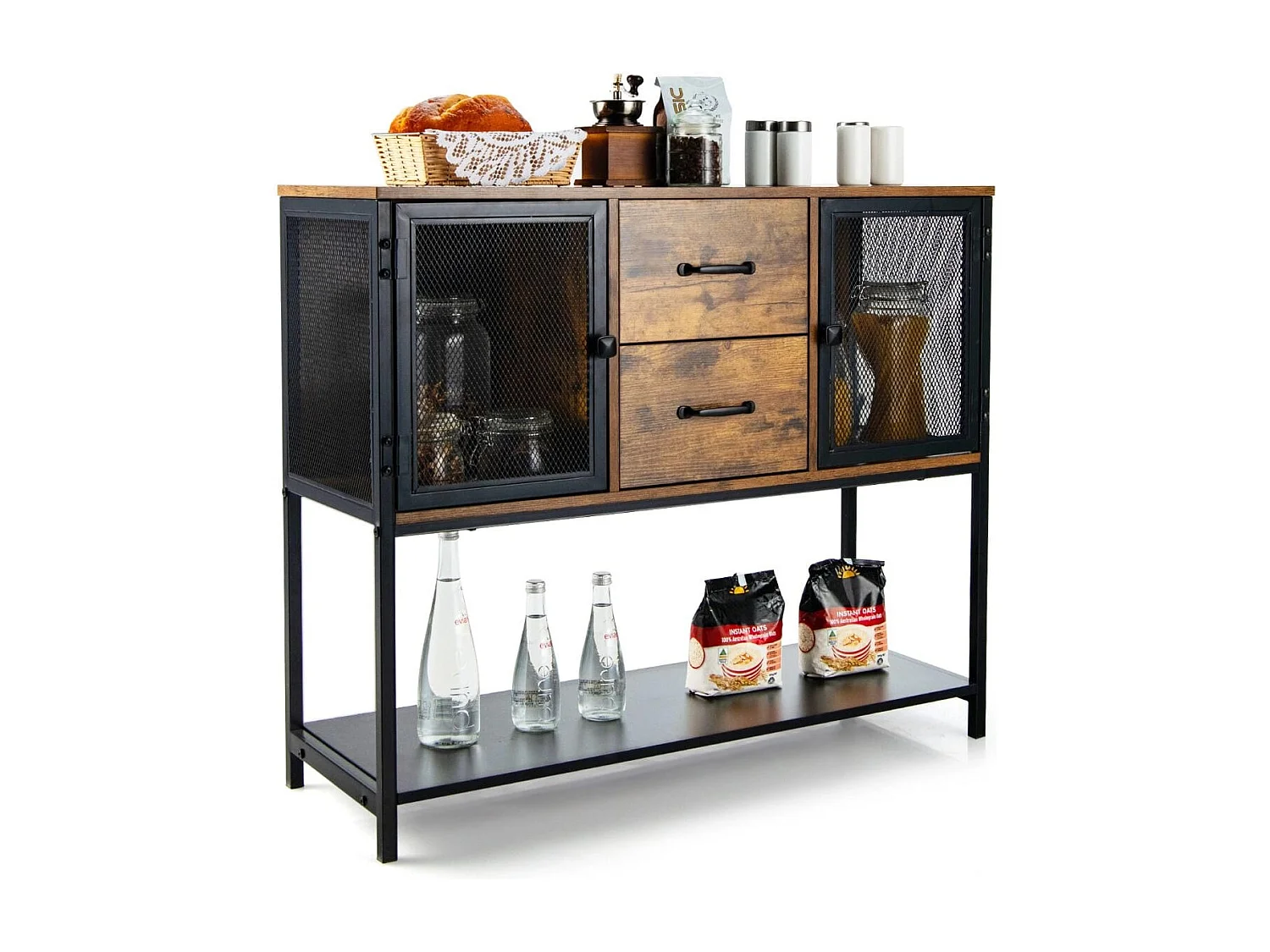 Industrielles Multifunktionales Sideboard mit 2 Gitterschränken und 2 Schubladen 100 x 35 x 85 cm