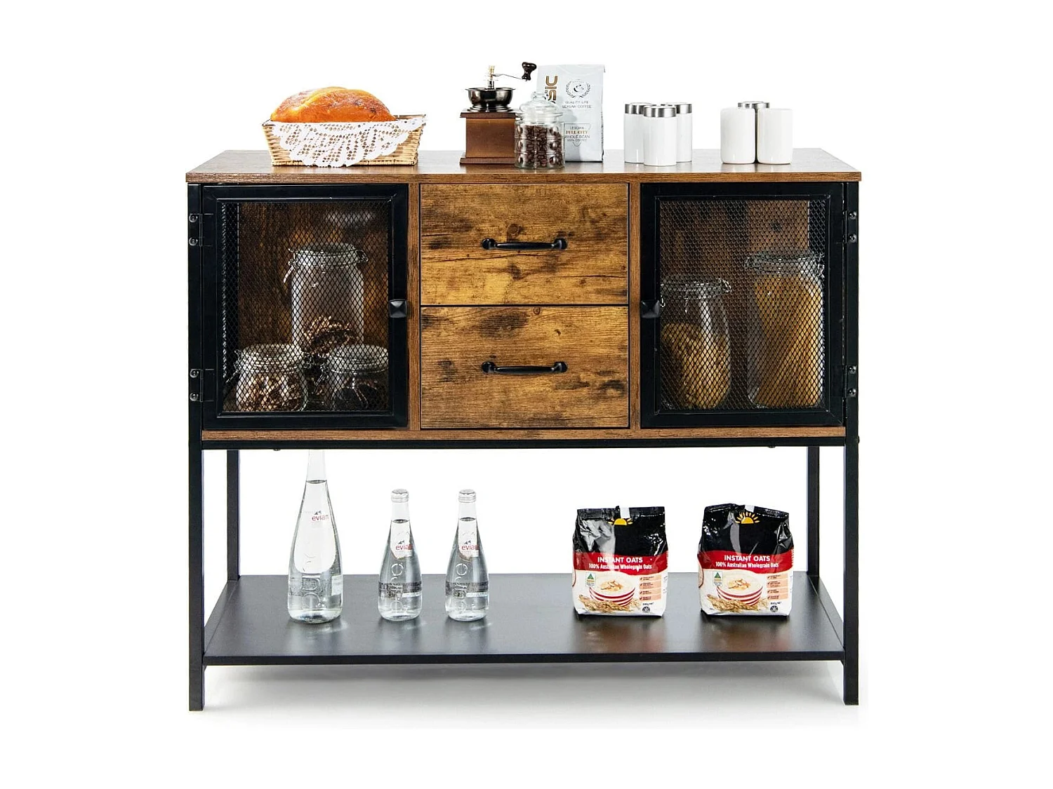 Industrielles Multifunktionales Sideboard mit 2 Gitterschränken und 2 Schubladen 100 x 35 x 85 cm