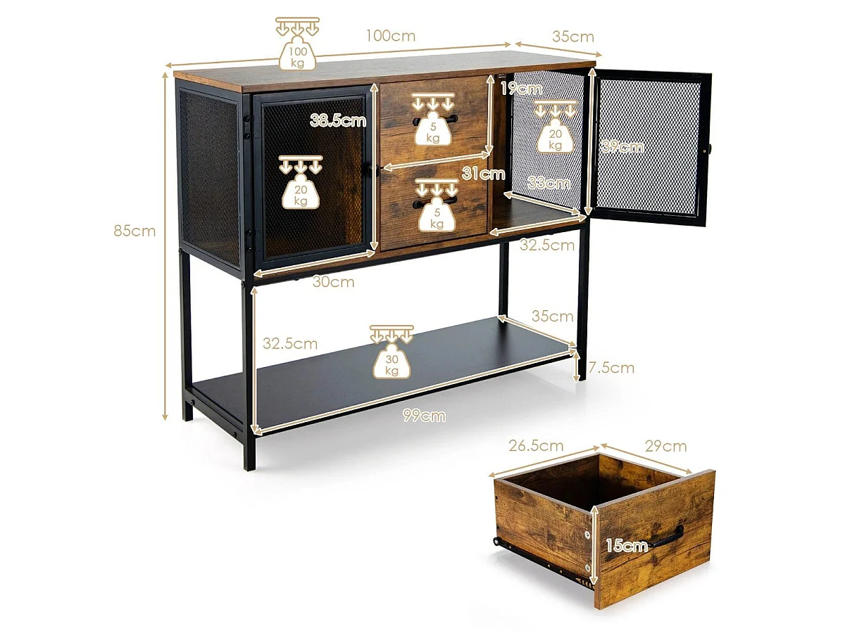 Buffet de Cuisine avec 2 Placard 2 Tiroirs et Étagère Inférieure Style Industriel pour Salon Couloir Cuisine