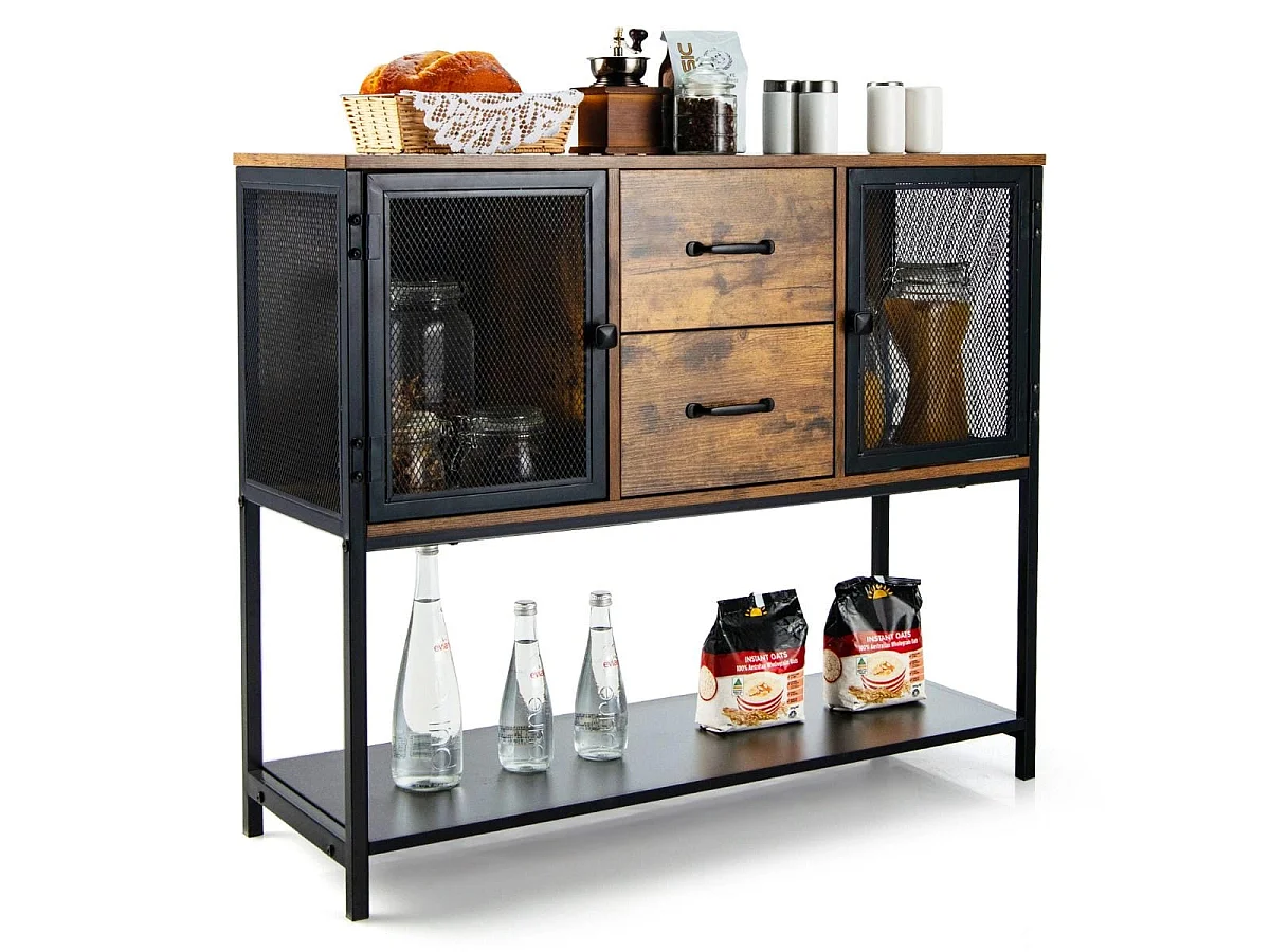 Buffet de Cuisine avec 2 Placard 2 Tiroirs et Étagère Inférieure Style Industriel pour Salon Couloir Cuisine
