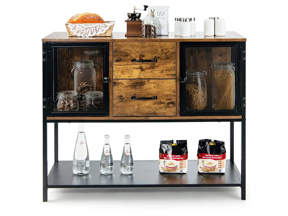 Buffet de Cuisine avec 2 Placard 2 Tiroirs et Étagère Inférieure Style Industriel pour Salon Couloir Cuisine