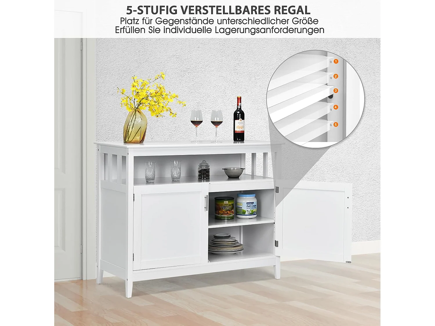 Sideboard, Küchenschrank mit 2 Türen und verstellbarem Regal, 114x51x91cm