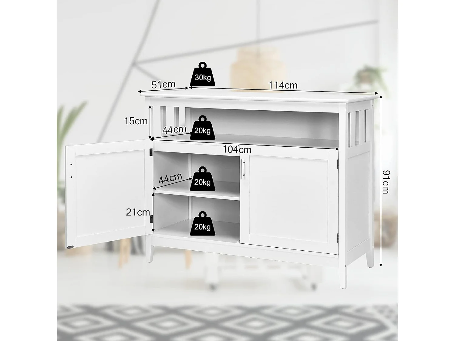 Sideboard, Küchenschrank mit 2 Türen und verstellbarem Regal, 114x51x91cm