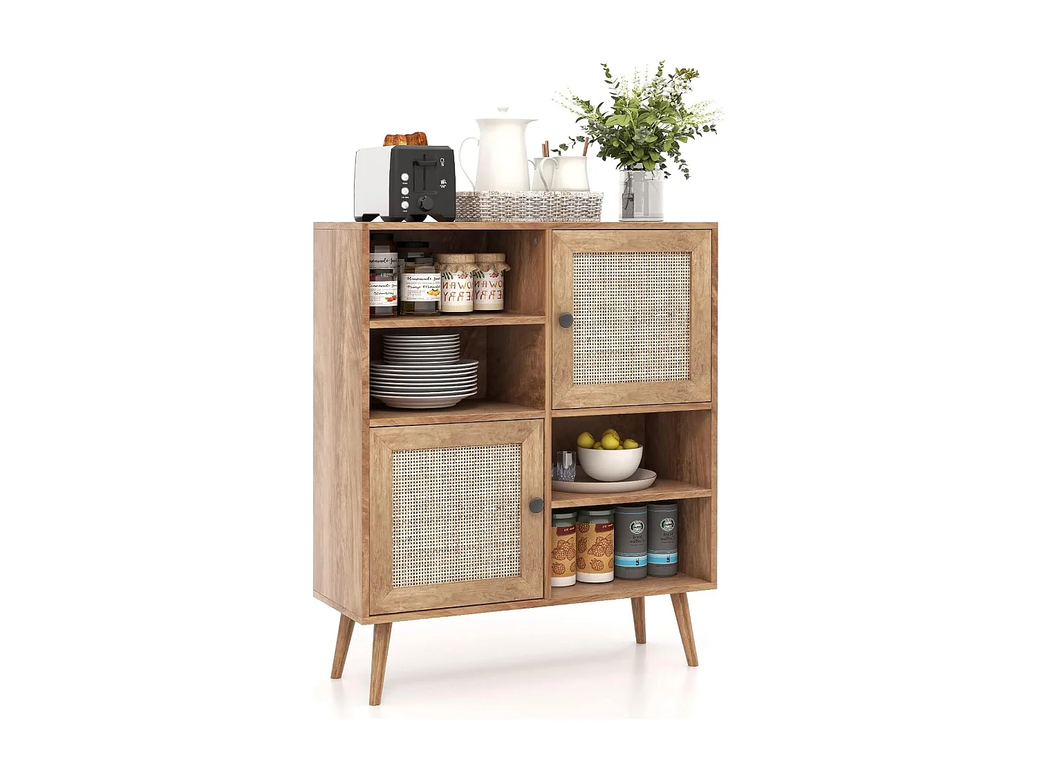 Sideboard Holz, Kommode mit 4 Fächern & 2 Türen, Anrichteschrank Rattan, Schrank modern, 80 x 29,5 x 97cm