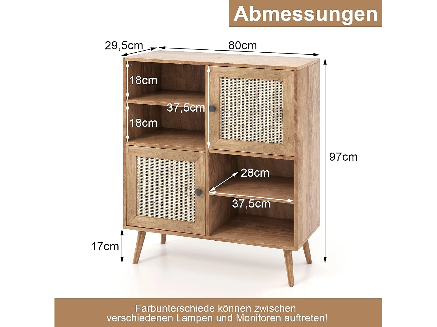Sideboard Holz, Kommode mit 4 Fächern & 2 Türen, Anrichteschrank Rattan, Schrank modern, 80 x 29,5 x 97cm