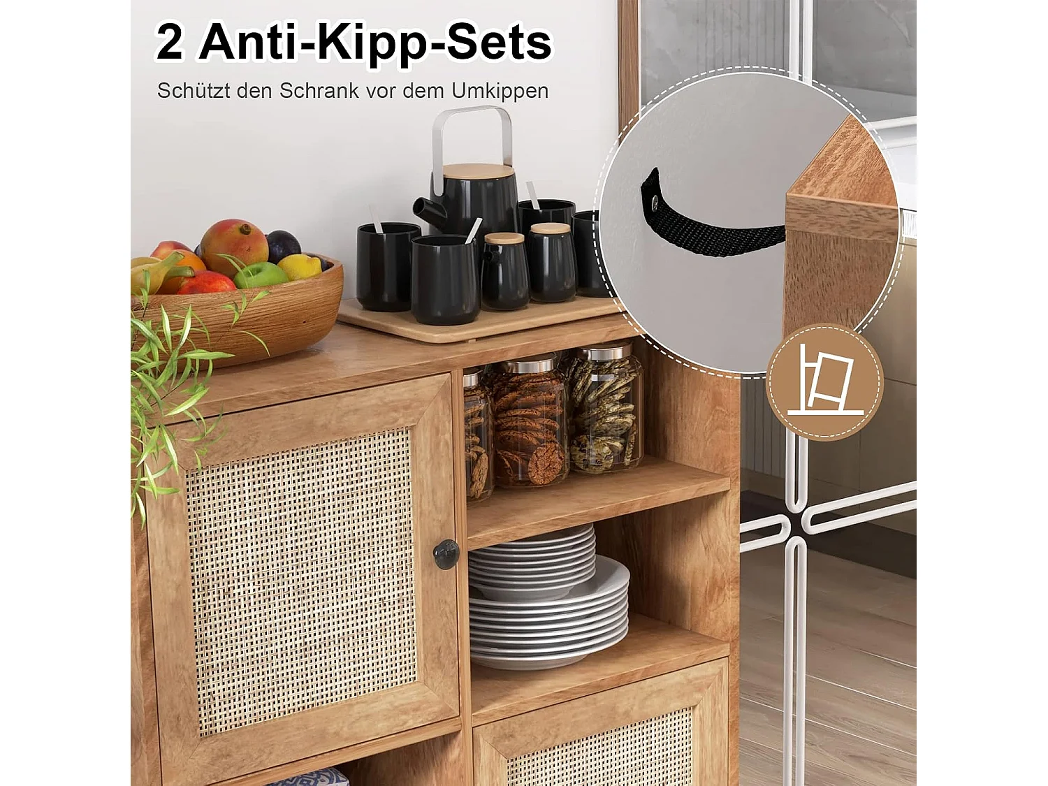 Sideboard Holz, Kommode mit 4 Fächern & 2 Türen, Anrichteschrank Rattan, Schrank modern, 80 x 29,5 x 97cm