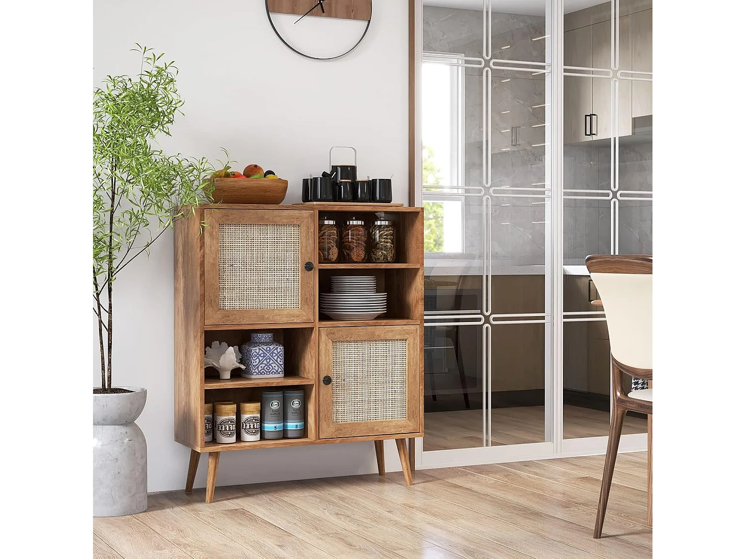 Sideboard Holz, Kommode mit 4 Fächern & 2 Türen, Anrichteschrank Rattan, Schrank modern, 80 x 29,5 x 97cm