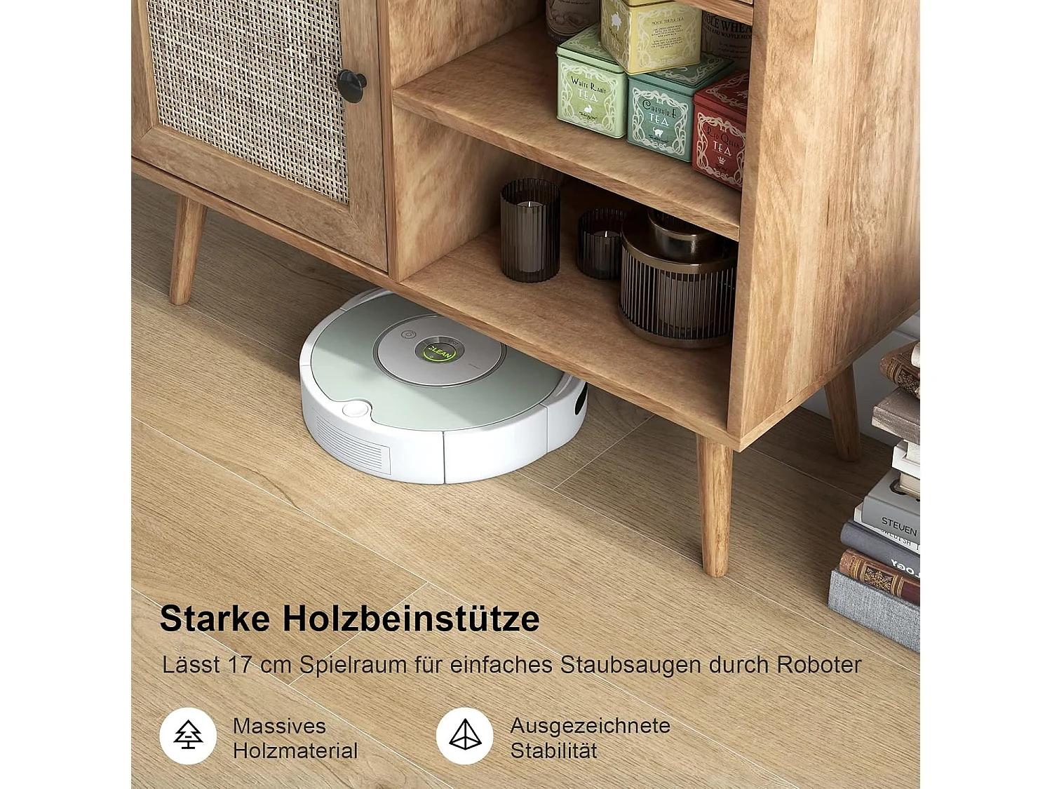 Sideboard Holz, Kommode mit 4 Fächern & 2 Türen, Anrichteschrank Rattan, Schrank modern, 80 x 29,5 x 97cm