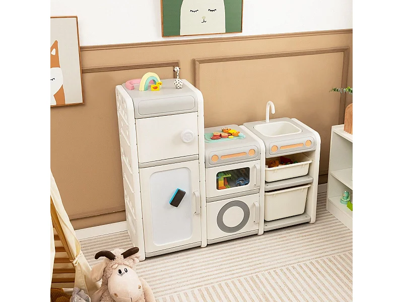 Organisateur de Rangement de Jouets pour Enfants Cuisine de Jeu Tableau Blanc Magnétique Armoire et Bacs de Rangementpour Les 3 Ans et Plus Gris