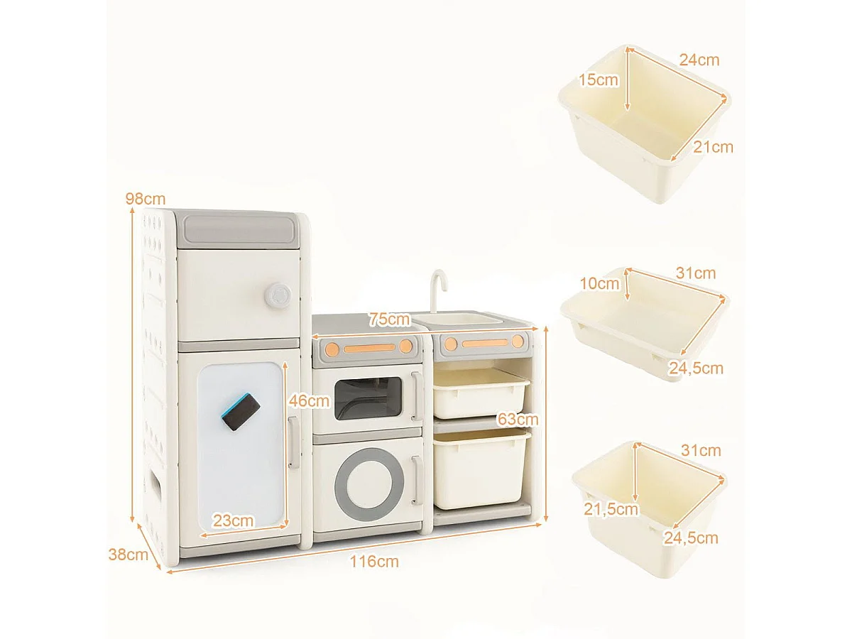 Kinder Spielzeugschrank mit Magnetischem Whiteboard & Abnehmbarem Waschbecken & Wasserhahn