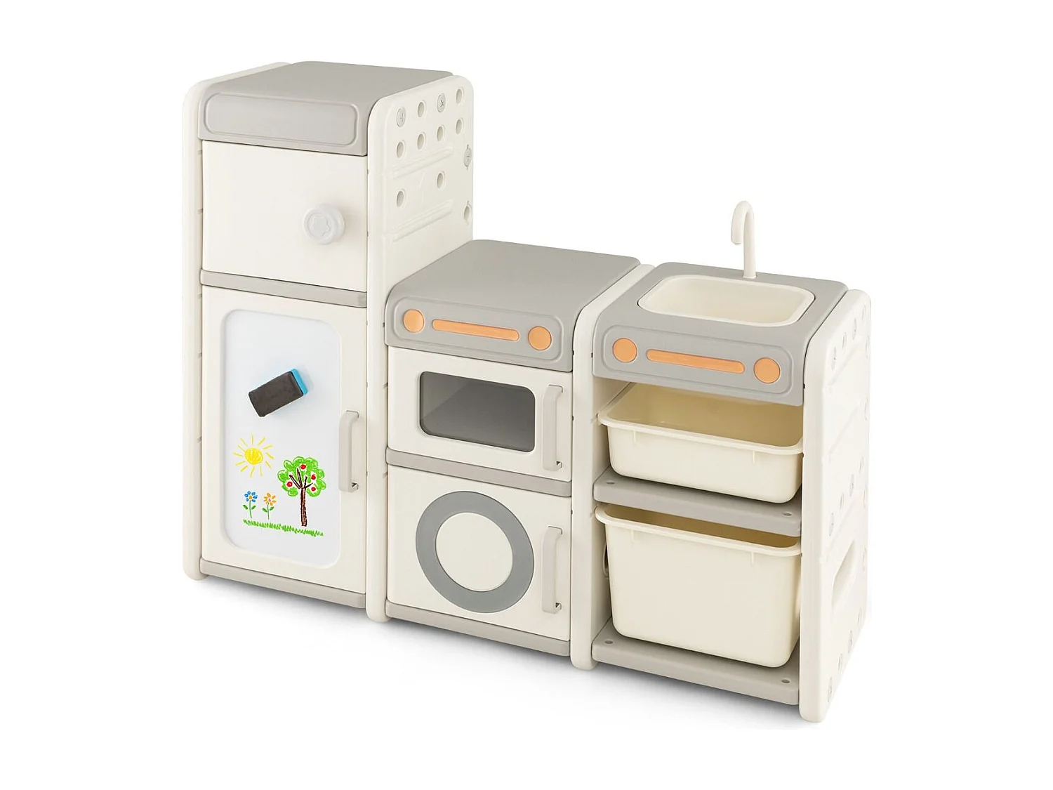 Mobile porta giochi per bambini con lavagna magnetica lavello rubinetto rimovibili, Scaffale e libreria giochi Grigio