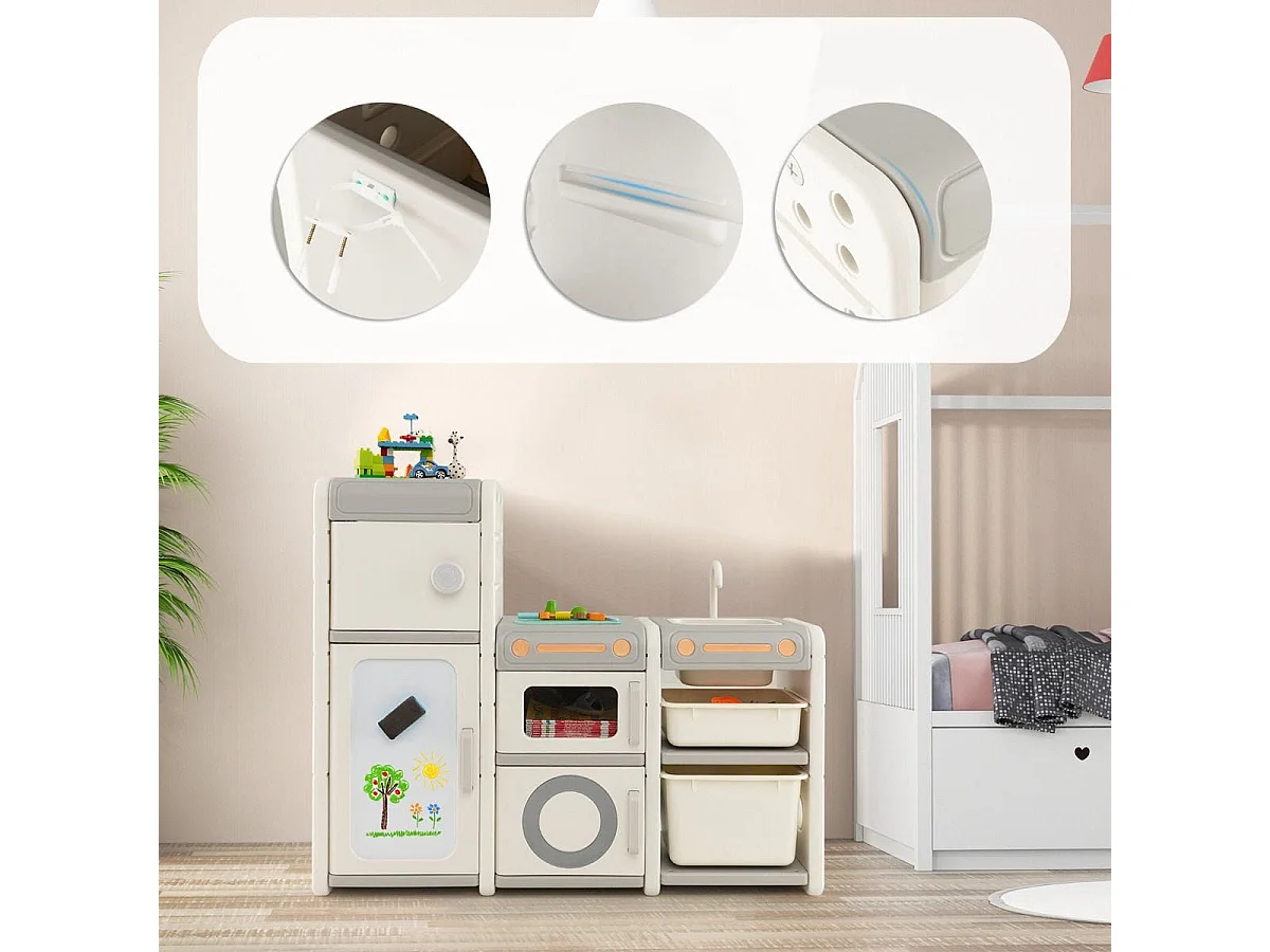 Mobile porta giochi per bambini con lavagna magnetica lavello rubinetto rimovibili, Scaffale e libreria giochi Grigio