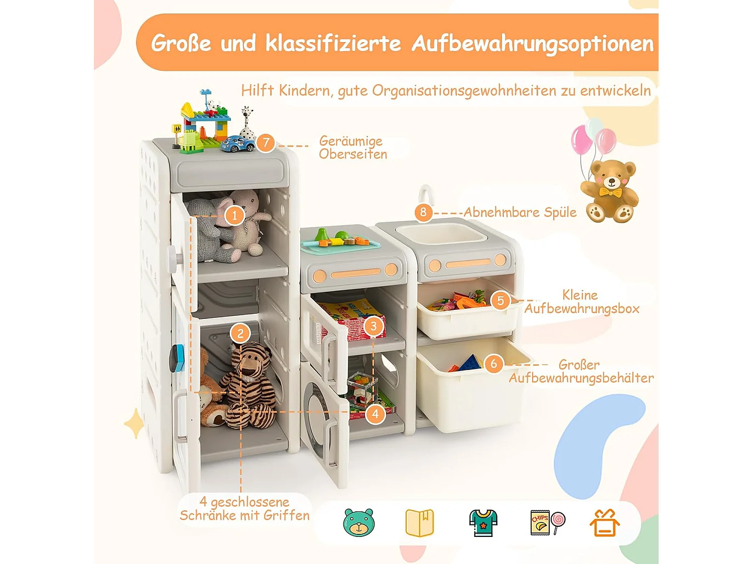 Mobile porta giochi per bambini con lavagna magnetica lavello rubinetto rimovibili, Scaffale e libreria giochi Grigio