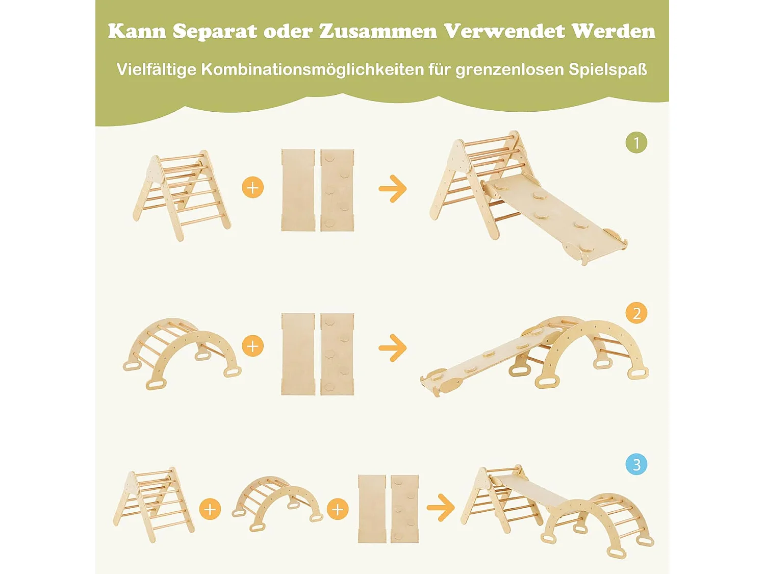 Dreieckiges Kletter-Spielzeugset aus Holz für Kleinkinder mit Kletterdreieck Natur