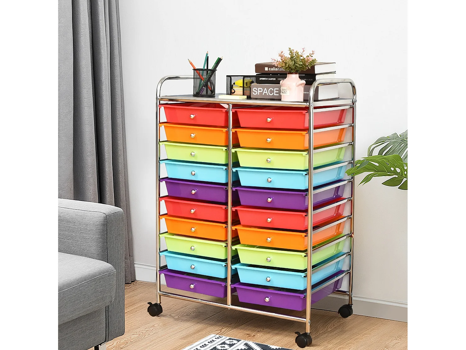 Carrello cassettiera multiuso e leggero con 20 cassetti, Contenitore con ruote per ufficio e casa Colorato
