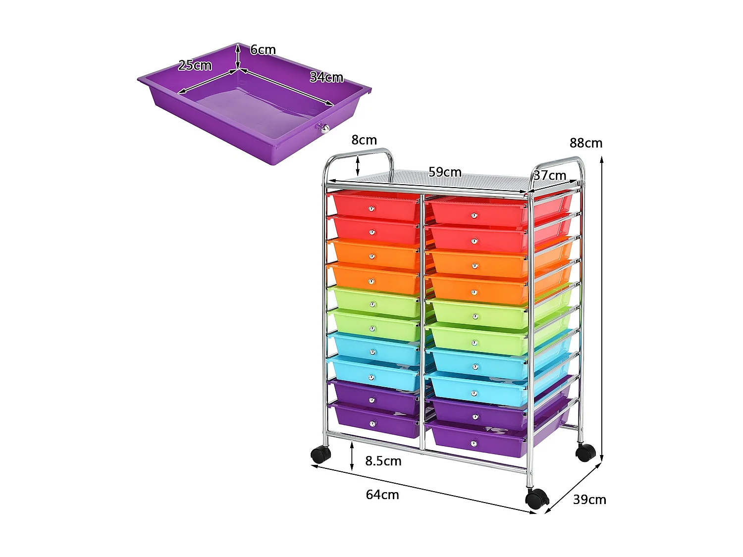 Carrello cassettiera multiuso e leggero con 20 cassetti, Contenitore con ruote per ufficio e casa Colorato