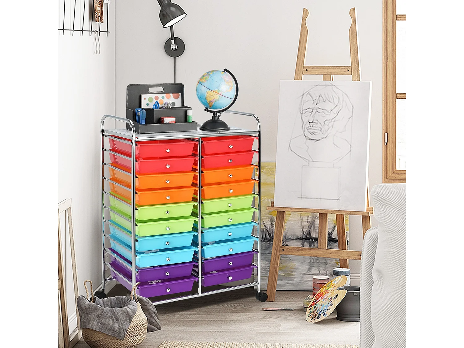 Carrello cassettiera multiuso e leggero con 20 cassetti, Contenitore con ruote per ufficio e casa Colorato