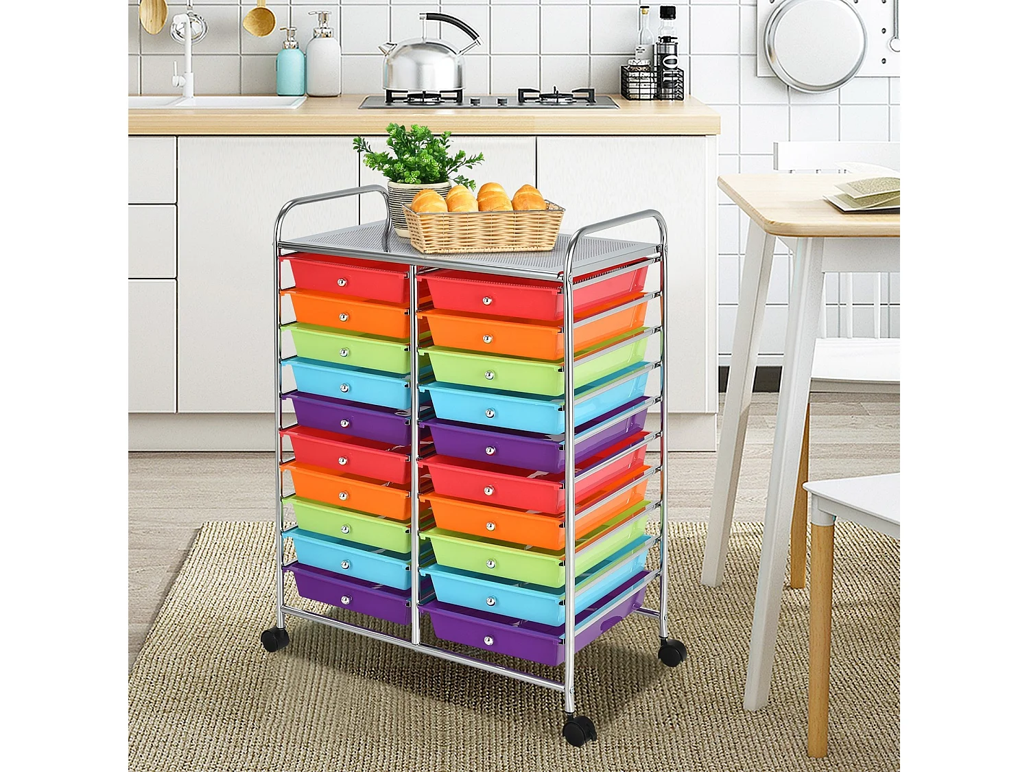 Carrello cassettiera multiuso e leggero con 20 cassetti, Contenitore con ruote per ufficio e casa Colorato
