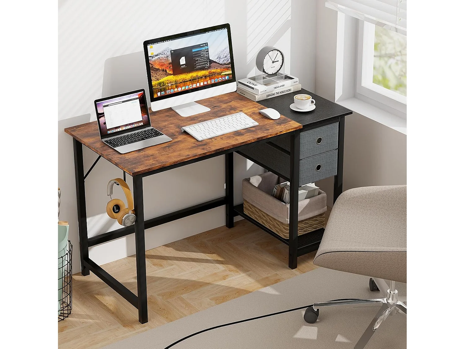 Schreibtisch mit 2 Schubladen, 120 cm Langer Computertisch mit Kopfhörerhaken & Ablagefach, Bürotisch, großer PC-Tisch, Arbeitstisch für Büro, Zuhause