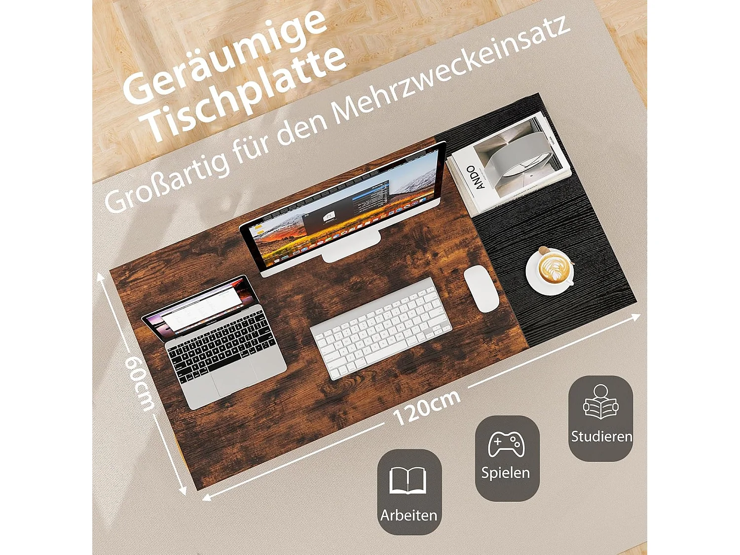 Schreibtisch mit 2 Schubladen, 120 cm Langer Computertisch mit Kopfhörerhaken & Ablagefach, Bürotisch, großer PC-Tisch, Arbeitstisch für Büro, Zuhause