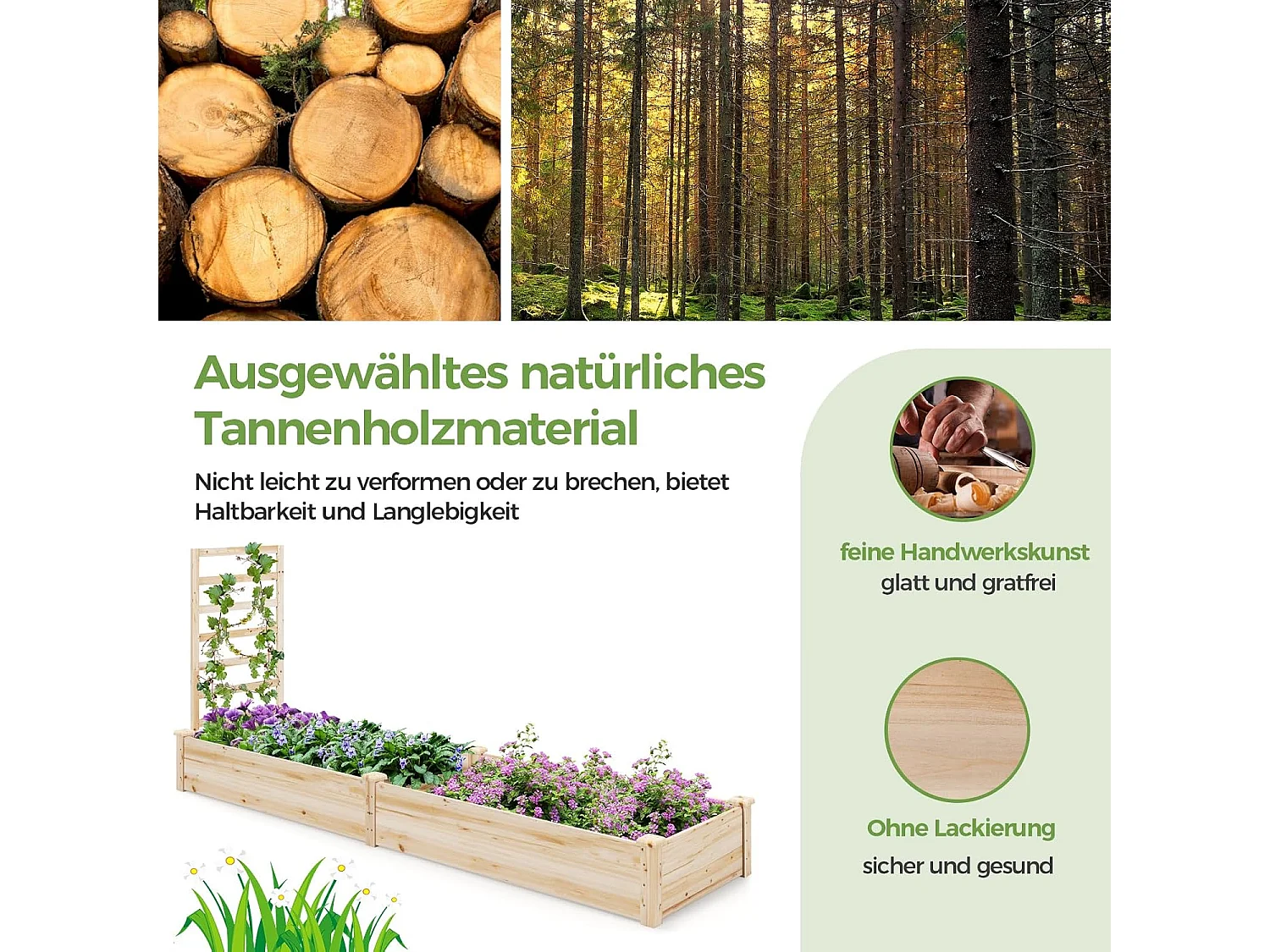 Tannenholz Gemüsegarten Quadrat 235x63x102CM Rankgitter Offene Basis DIY Malerei Kletterreben Obst Blumen Gemüse Natural