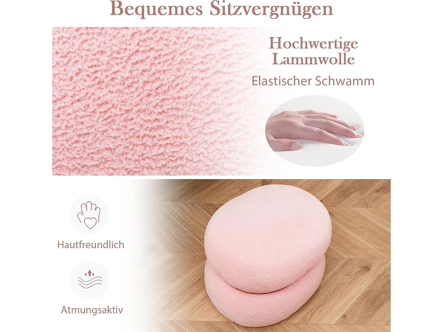 Sitzhocker oval, Schminkhocker gepolsert aus Sherpa mit rutschfeste Fußpolster, Ottomane Samthocker für Eingang Wohnzimmer, 44 x 35 x 35 cm, Rosa