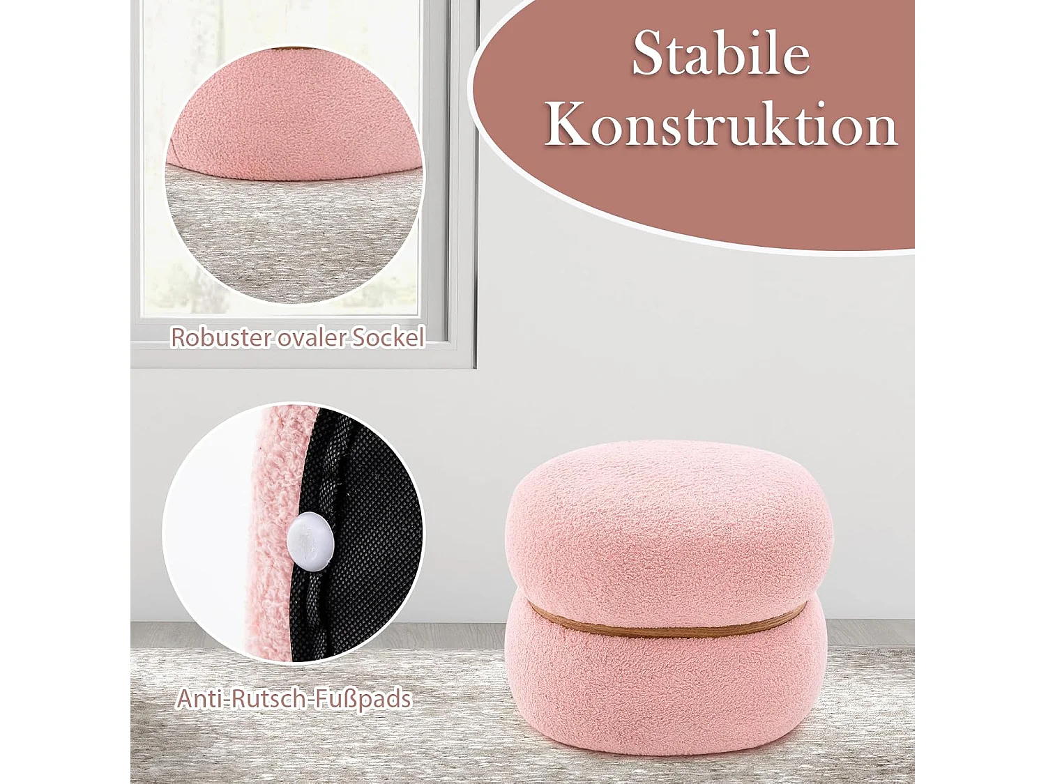 Sitzhocker oval, Schminkhocker gepolsert aus Sherpa mit rutschfeste Fußpolster, Ottomane Samthocker für Eingang Wohnzimmer, 44 x 35 x 35 cm, Rosa