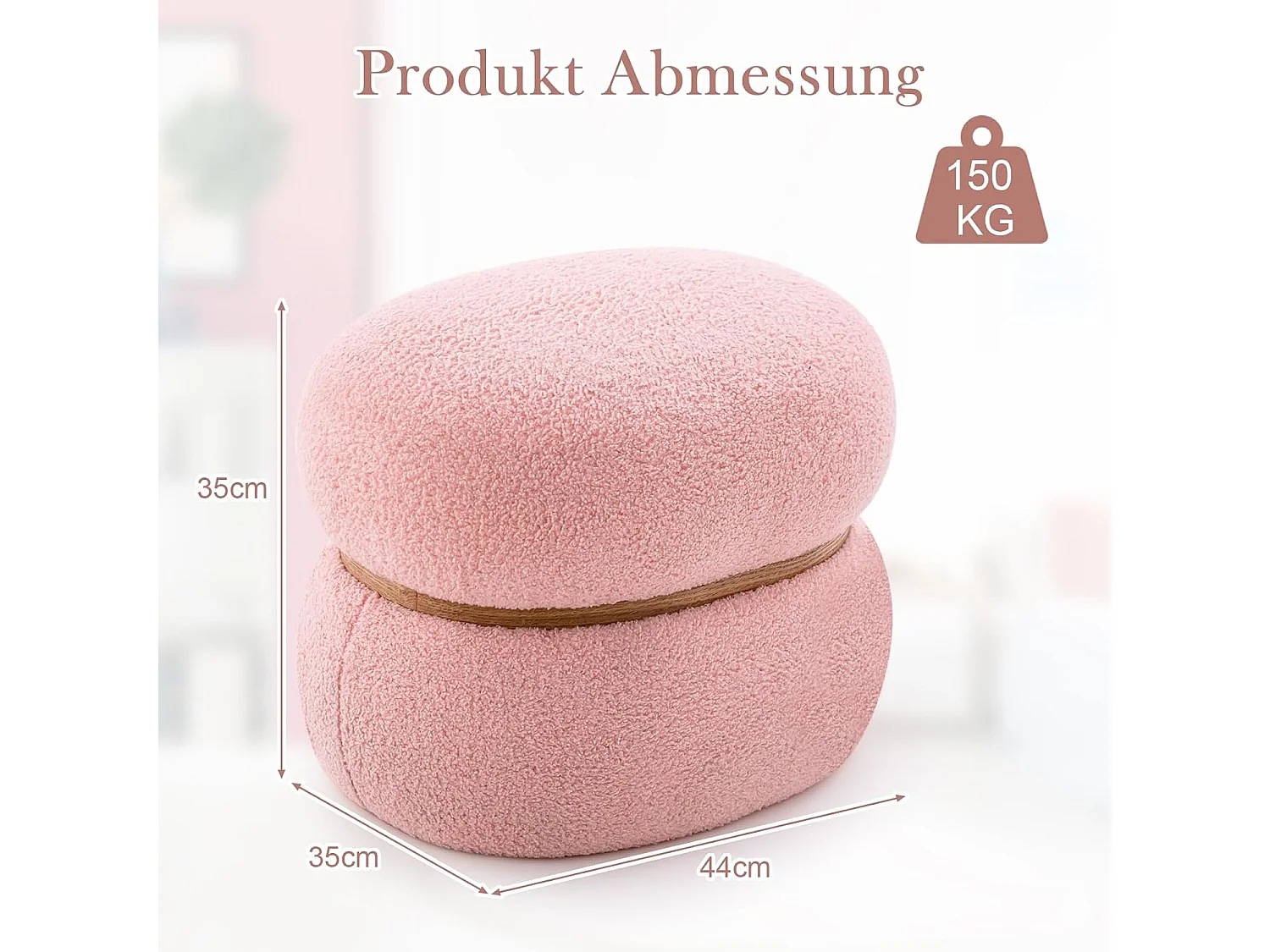 Sitzhocker oval, Schminkhocker gepolsert aus Sherpa mit rutschfeste Fußpolster, Ottomane Samthocker für Eingang Wohnzimmer, 44 x 35 x 35 cm, Rosa