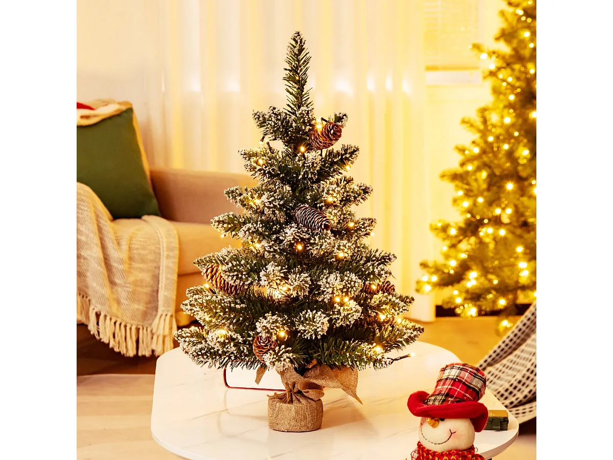 Albero di Natale artificiale da tavolo con luci LED e neve artificiale, 64 cm