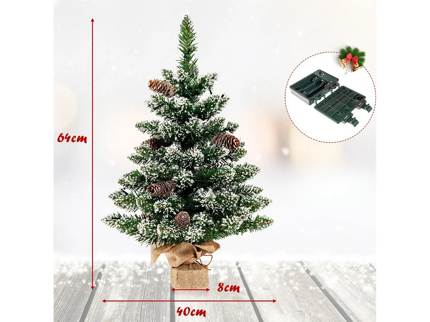 Albero di Natale artificiale da tavolo con luci LED e neve artificiale, 64 cm