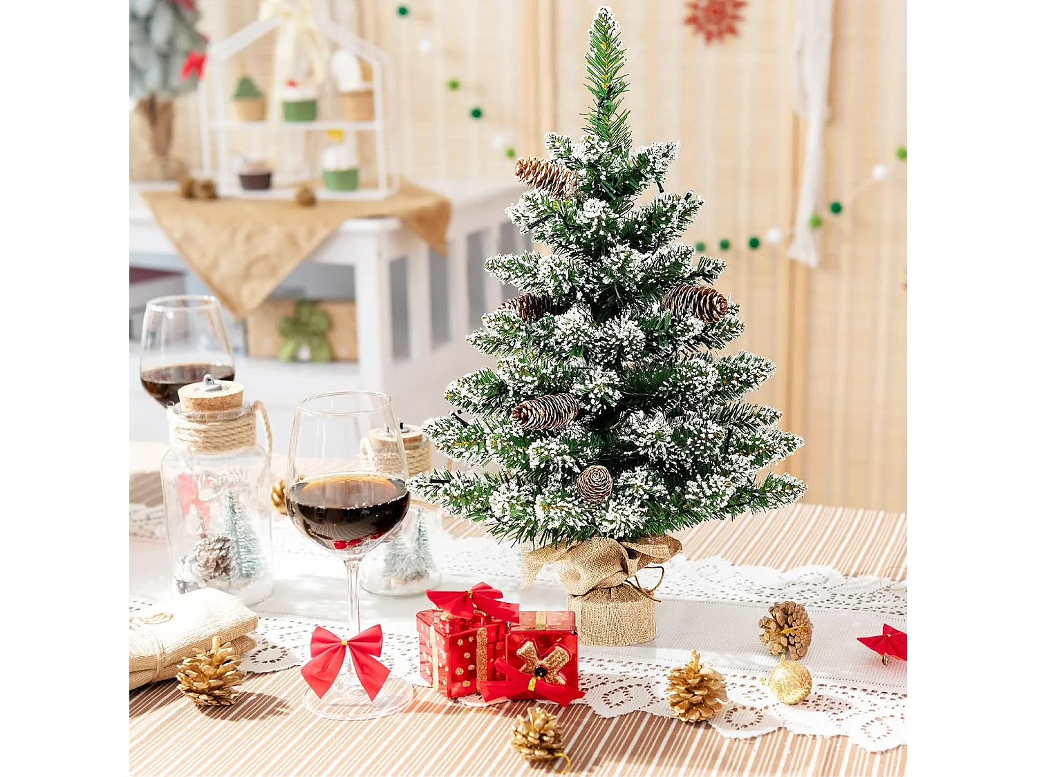 Albero di Natale artificiale da tavolo con luci LED e neve artificiale, 64 cm