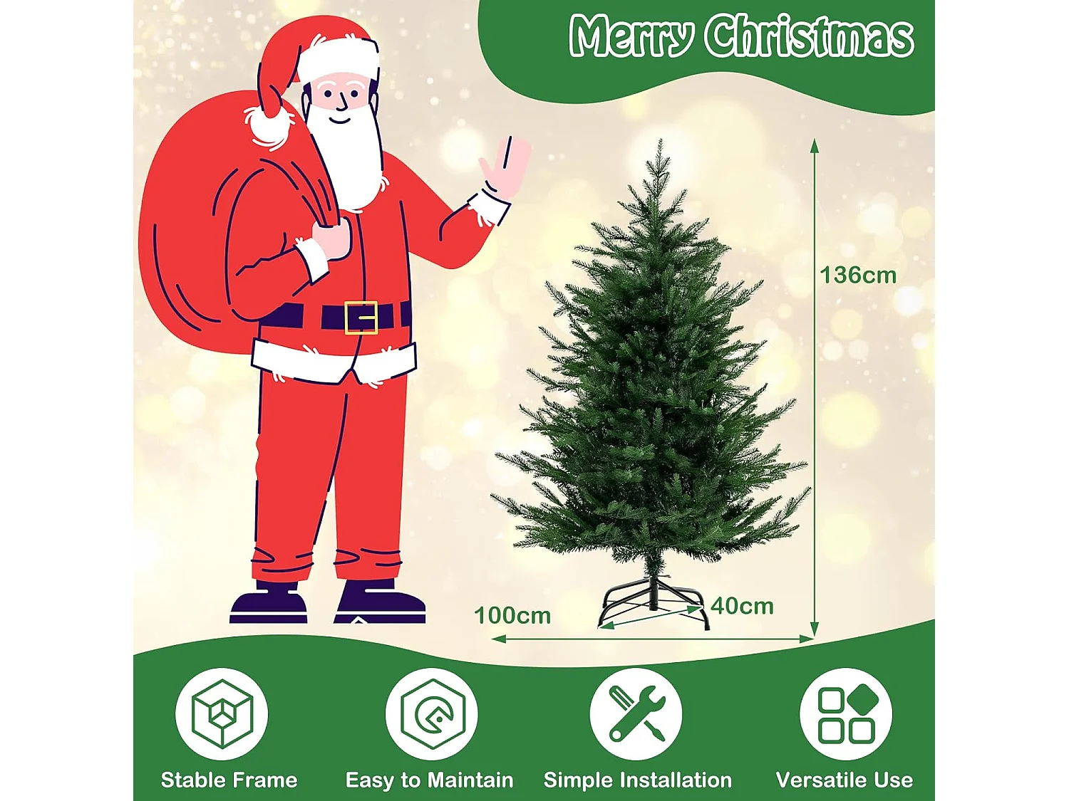 Albero di Natale artificiale con luci a LED, 136 cm