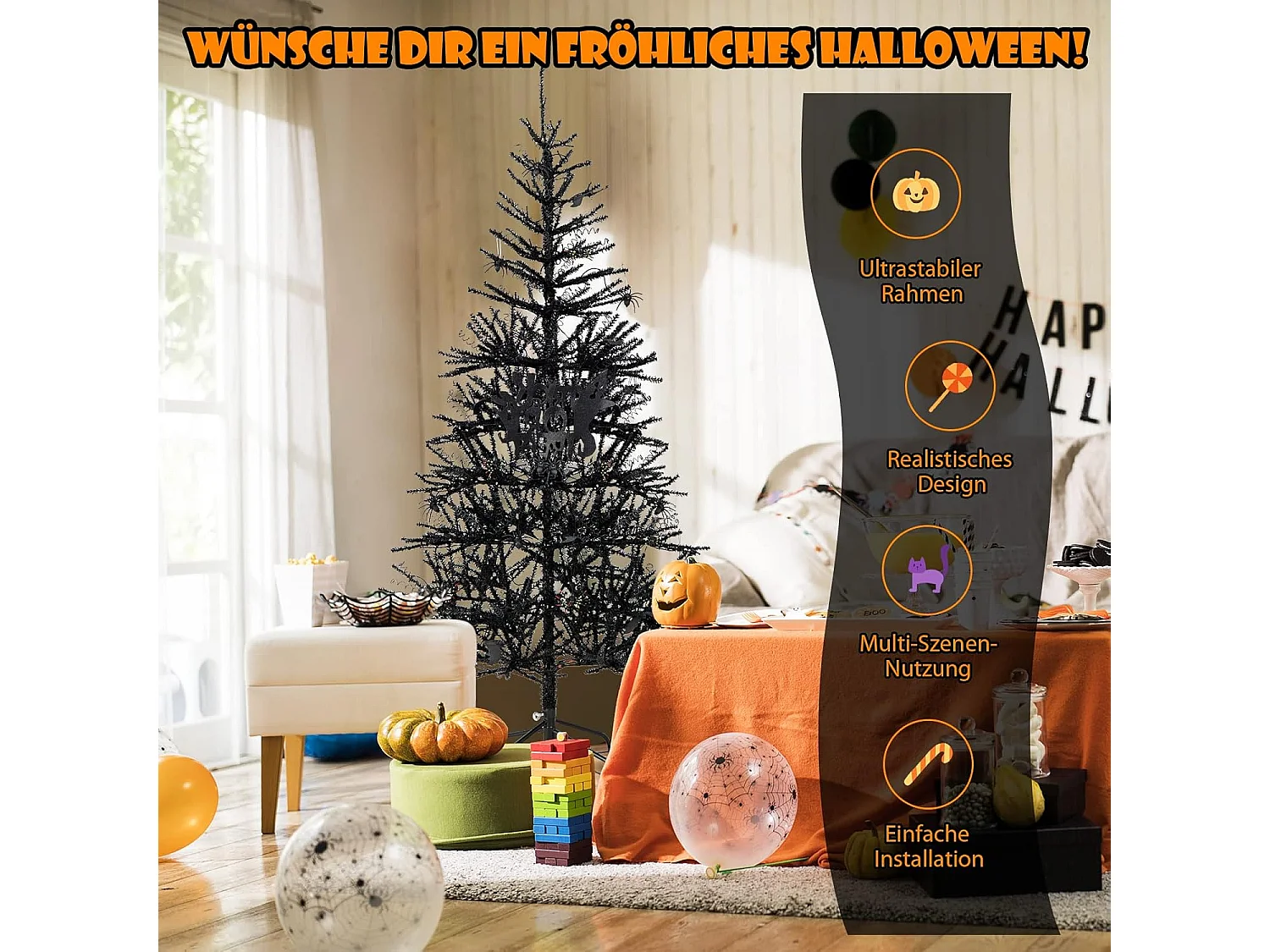 183cm Künstlicher Weihnachtsbaum mit 250 lila LEDs, Schmuck & 791 PVC-Spitzen, für Halloween