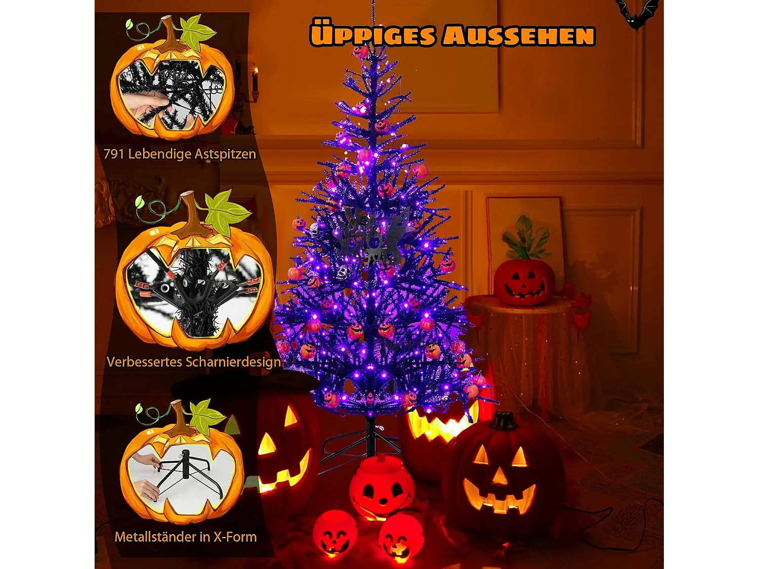 183cm Künstlicher Weihnachtsbaum mit 250 lila LEDs, Schmuck & 791 PVC-Spitzen, für Halloween